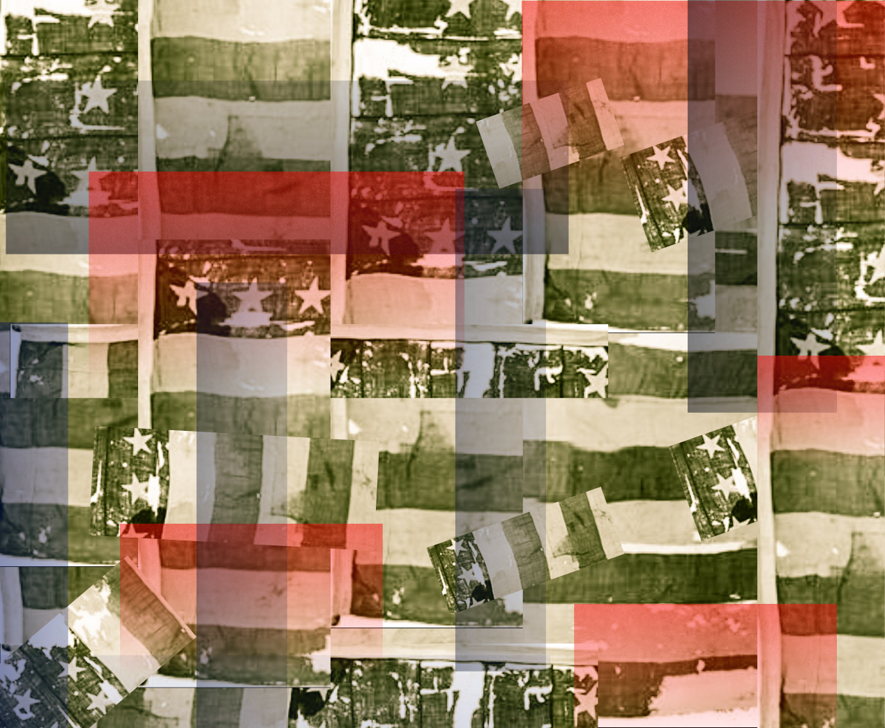 Overlapping US Flag collage pattern.