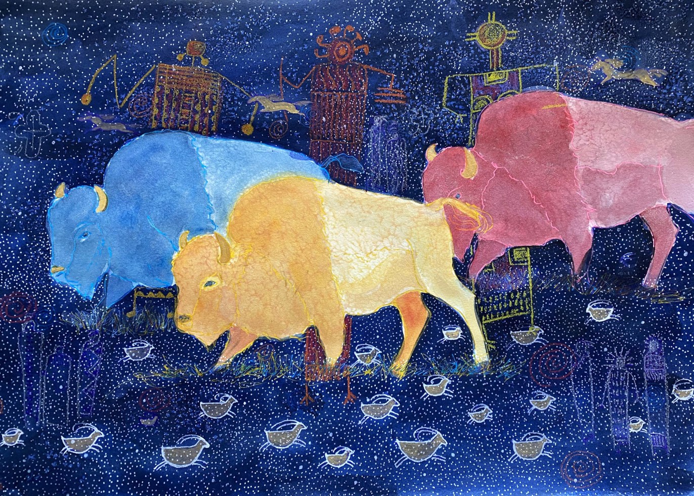 3 colorful bison cross an abstract blue background.