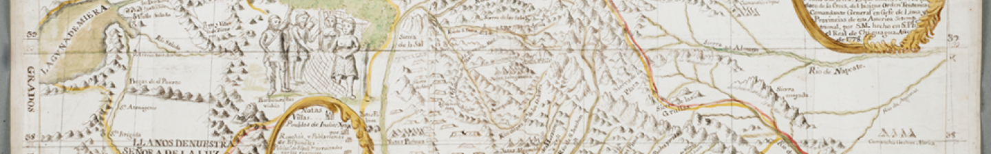 Illustrated map of New Mexico with a golden chariot illustration and golden loops decorating the content.