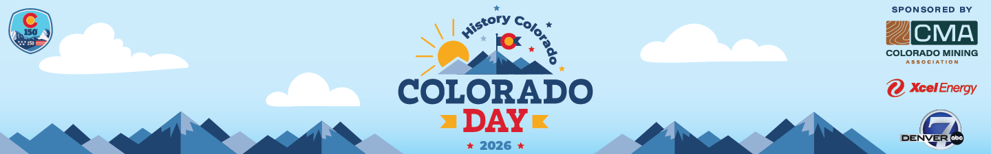 Colorado Day 2026 with a small Colorado flag rising over graphic blue mountains.