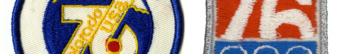 Left, a Colorado Centennial patch from 1976, which reads "76: Colorado, USA. 1876 - 1976 Centennial." Right, a 1976 Denver Olympics patch, made to celebrate games that were never held, which reads "Denver 76" and bears the logo of the Olympic Games.