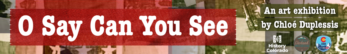 O Say Can You See in white text over a red background. Behind it is a collaged image of the US flag.