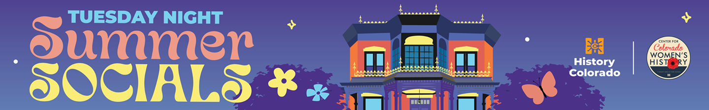 Tuesday Night Summer Socials in a prink and yellow funky font on a purple background. There are musical notes and flowers adorning a purple colored illustration of the museum.
