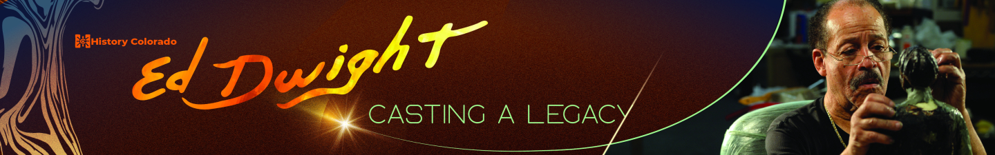 Ed Dwight: Casting a Legacy in gold shiny handwritten font. Next to it is a photo of Ed Dwight sculpting.