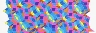 Abstract tapestry of woven blue, pink, purple, and green.