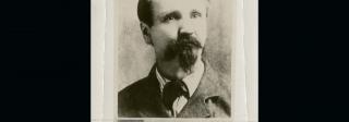 Portrait of Alfred Packer with handwriting along bottom margin. Handwriting says: "Joseph Packer. The Colorado Cannibal Killed and Ate six men in Hinsdale Co. Colorado"