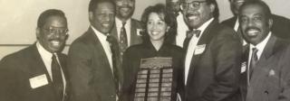 Former presidents of the Sam Cary Bar Association, from left to right, Wally Worthan, Hubert Farbes, Earle Jones, Linda Wade Hurd, William Harold Flowers, Jr., Honorable Ray Dean Jones, Honorable Gary M. Jackson  and Honorable Wiley Y. Daniel.