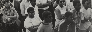 A crowd of protestors gathered outside the State Capitol following a police shooting in Denver, 25 June 1968