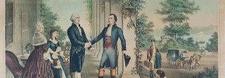 A mid-1800s colored illustration showing the Marquis de Lafayette and George Washington