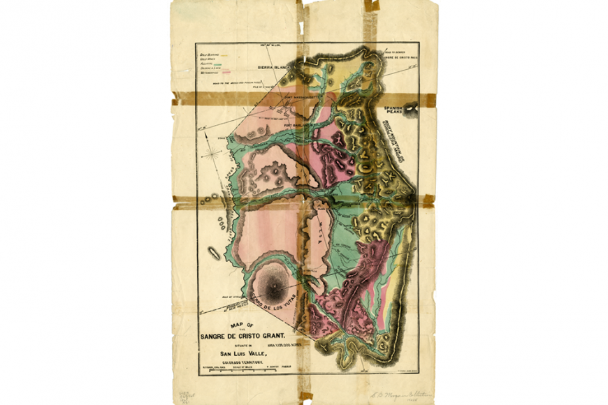 Vertical map of the Map of Sangre de Cristo Grant in multicolored regions.