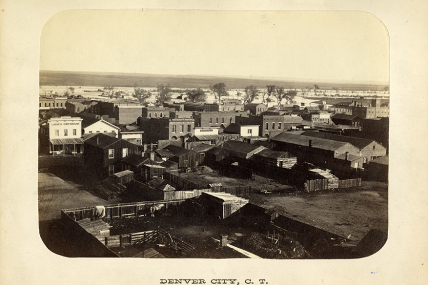 Black and white overhead photo of the early city of Denver.
