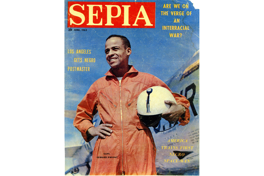 Sepia magazine cover featuring Ed Dwight. Headline reads "America Trains First Negro Space Man"