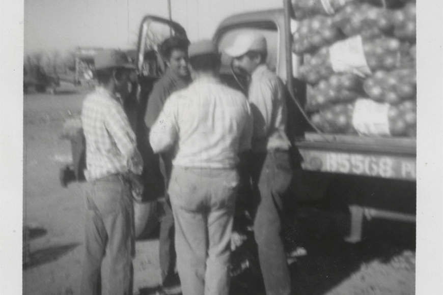 4 men discuss near the open driver's side door of a semi truck loaded with produce.