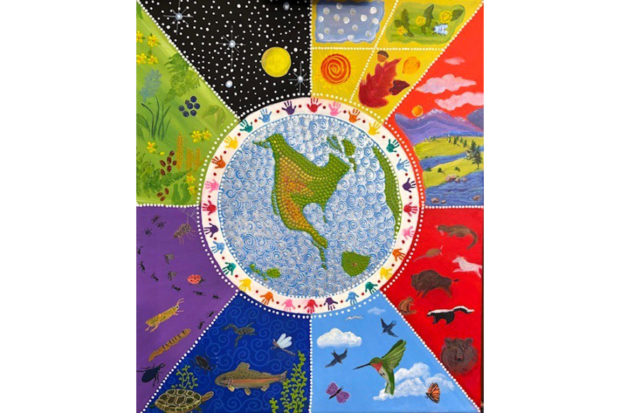 Image of American continent in a circle, surrounded by rays of various landscapes and wildlife in vibrant color.