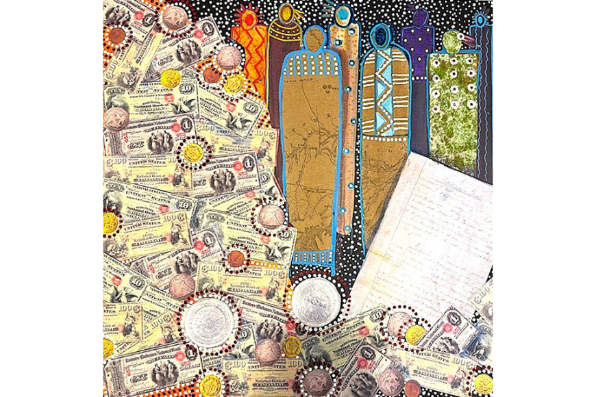 Stacks of currency avalanch over the abstract, colorful forms of Tribal members.