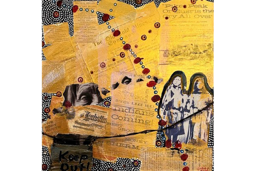 Headlines about the Gold Rush, western expansion, and Native American displacement are overlaid with a gold sheen. Intercut is an abstract black and white dot pattern and historic patterns of Natives.
