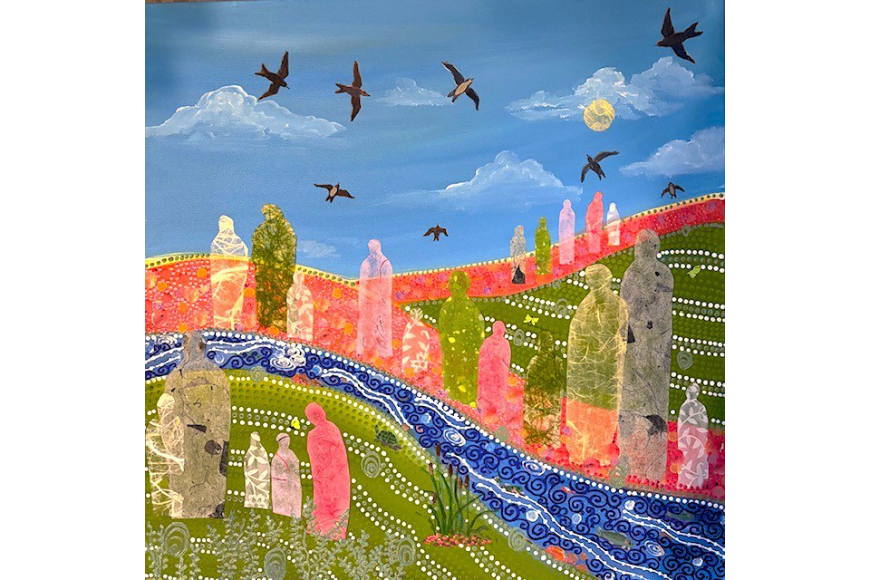 A group of abstract, translucent figures cross a colorful river with birds overhead.
