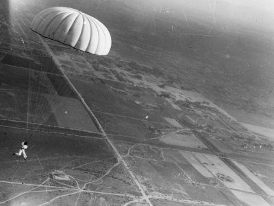 Lou Ella Purkaple floats over the plains somewhere above Colorado Boulevard, May 15, 1927