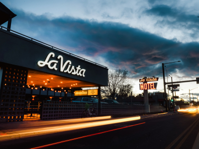 Exterior of La Vista hotel at sunset