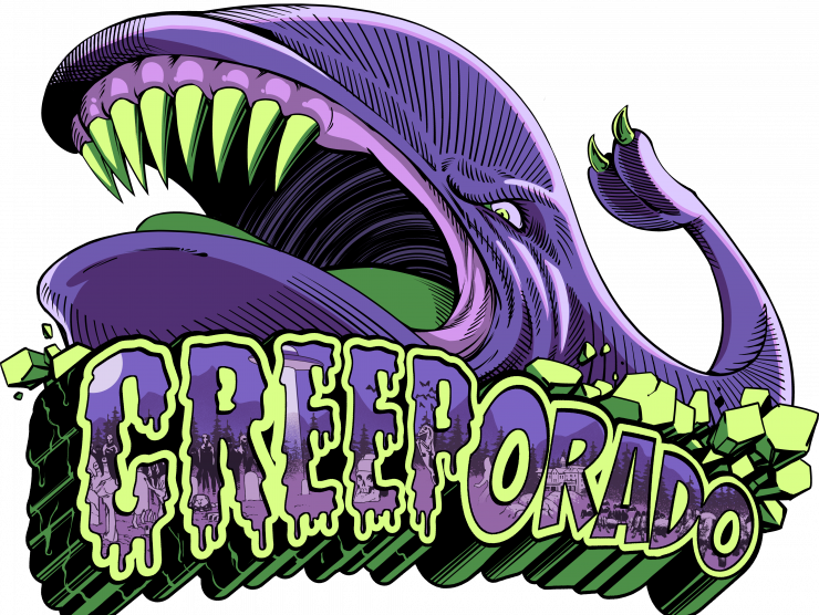 Graphic comic illustration with a monster whale (the slide-rock bolter) overtaking the slimy letters of Creeporado.