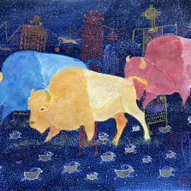 3 colorful bison cross an abstract blue background.