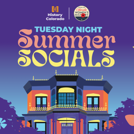 Tuesday Night Summer Socials in a pink and yellow funky font on a purple background. There are musical notes and flowers adorning a purple colored illustration of the museum.